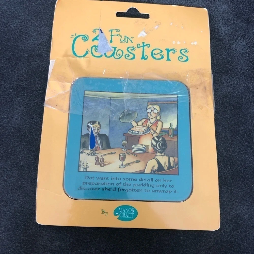 VTG Manor Craft 2 Fun Cork Coasters Novelty Funny Humor Open Package Unused 4X4